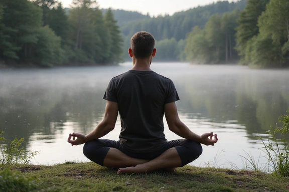 Imagine cu un bărbat care face yoga în natură, simbolizând relaxare și echilibru
