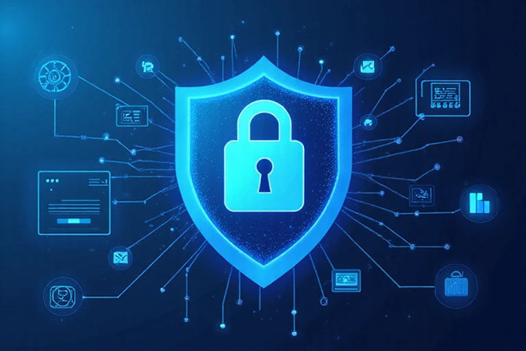 Ilustrație a securității datelor cu un scut și iconițe de date