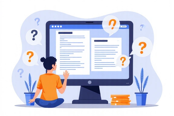 Ilustrație cu o persoană care navighează pe o pagină de întrebări frecvente pe un ecran de computer